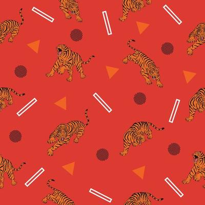 cute many tiger animal seamless pattern white and orange object wallpaper with design red.