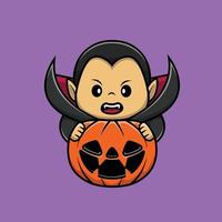 Cute Vampire With Pumpkin Halloween Cartoon Vector Icon Illustration. People Halloween Icon Concept Isolated Premium Vector.