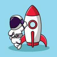 Cute Astronaut Standing On Rocket Cartoon Vector Icon Illustration. Science Technology Icon Concept Isolated Premium Vector