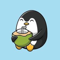 Cute Penguin Drink Coconut With Straw Cartoon Vector Icon Illustration. Animal Summer Concept Isolated Premium Vector