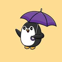 Cute Penguin Waving Hand And Holding Umbrella Cartoon Vector Icon Illustration. Animal Concept Isolated Premium Vector