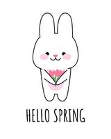 Happy cute bunny with flowers. The inscription hello spring. Vector kawaii illustration for prints, postcards, banners, templates.