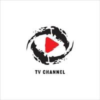 plantilla de diseño de logotipo de canal de televisión en línea, botón de reproducción abstracto en medio del vórtice, concepto de logotipo de terror, tema oscuro, transmisión en vivo, compañía de entretenimiento vector