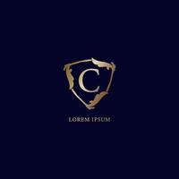 Letter C Alphabetic logo design template. Luxury metalic gold security logo concept. Decorative floral shield sign illustration isolated on navy blue backgroud. vector