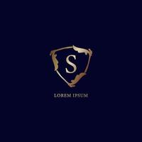 Letter S Alphabetic logo design template. Luxury metalic gold security logo concept. isolated on navy blue backgroud. Decorative floral shield sign illustration. vector