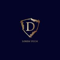 Letter D Alphabetic logo design template isolated on navy blue backgroud. Luxury metalic gold security logo concept. Decorative floral shield sign illustration vector