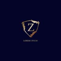 Letter Z Alphabetic logo design template. Luxury metalic gold security logo concept. Decorative floral shield sign illustration isolated on navy blue backgroud. vector