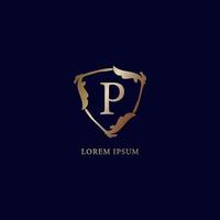 Letter P Alphabetic logo design template isolated on navy blue backgroud. Luxury metalic gold security logo concept. Decorative floral shield sign illustration. vector