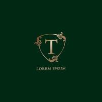 Letter T Alphabetic logo design template. Luxury gold decorative floral shield sign illustration isolated on dark green background. Insurance logo concept. vector