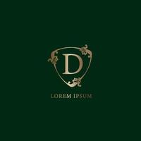 Letter D Alphabetic logo design template. Insurance logo concept isolated on dark green background. Luxury gold decorative floral shield sign illustration. vector