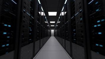 krachtige serverruimte in modern datacenter. cloud computing-gegevensopslag 3D-rendering. walkthrough racks van het netwerk. dataservers achter glazen panelen in een serverruimte.