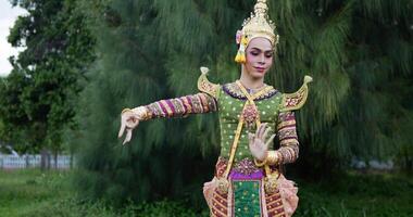 Khon performance arts acting entertainment dance traditional costume in the park. Asia acting dancing pantomime show. Thailand culture and thai dancing concept. video