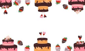 hermoso fondo, pancarta con dulces, pasteles, fresas cubiertas de chocolate, varios dulces vector