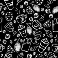 Seamless pattern of coffee beans, cups of cocoa and hot drinks, delicious sweets, chocolate and sugar vector
