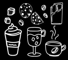 Coffee beans, cups of cocoa and hot drinks, delicious sweets, chocolate and sugar vector