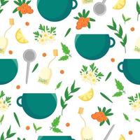 Seamless pattern for a cozy tea ceremony. The concept of a tea drink cup with organic tea with herbs, breakfast time vector