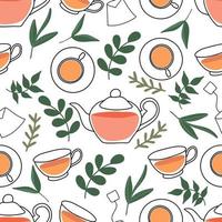 Seamless pattern for a cozy tea ceremony. The concept of a tea drink cup with organic tea with herbs, breakfast time vector