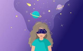 A woman wearing virtual reality glasses is connected to the virtual space of the metaverse. vector