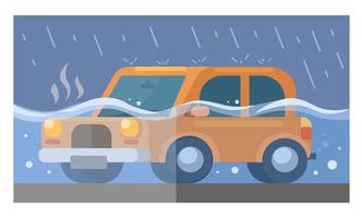 Car flood car submerged in flood in heavy rain. car disaster and accident scene cartoon illustration vector