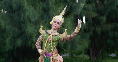 Khon performance arts acting entertainment dance traditional costume in the park. Asia acting dancing pantomime show. Thailand culture and thai dancing concept. video