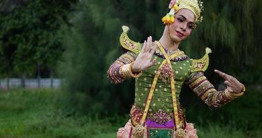 Khon performance arts acting entertainment dance traditional costume in the park. Asia acting dancing pantomime show. Thailand culture and thai dancing concept. video