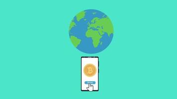 enviar bitcoin a cualquier lugar con una animación 4k de teléfono móvil. concepto de negocio global con un teléfono inteligente y material de bitcoin dorado. concepto de transacción de dinero con mapa mundial y animación de pin de ubicación. video