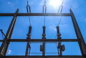 Electrical Transformer. Distribution of electric energy at a big substation with lots power lines on a sunny day photo