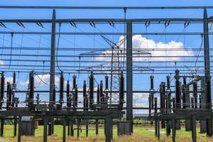 Electrical Transformer. Distribution of electric energy at a big substation with lots power lines on a sunny day photo