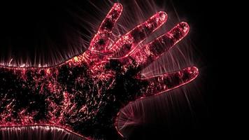 3D-Illustration of a glowing human male hand with a kirlian aura showing symbols photo