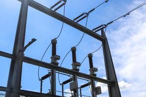 Electrical Transformer. Distribution of electric energy at a big substation with lots power lines on a sunny day photo