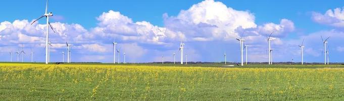 vista panorámica de los molinos de viento de energía alternativa en un parque eólico en el norte de europa foto