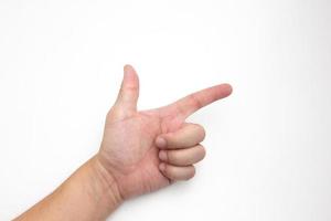 The hand of an Asian white man showing a gun finger on a white background photo