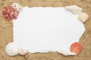 Blank paper concept for text with frames adorned with shells on a sandy background. photo