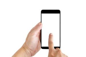 hands of a white man holding a black mobile smartphone and a white screen at a isolate background with clipping path. photo