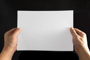 The concept of both hands that holds a white sheet of paper on a black background. photo