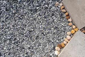 Rock stone pebble and ground dirt walkway path. Small gray stones, lots of grey rocks on the ground photo