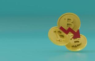 bitcoin  or BTC  icon with down arrow, price value concept falling down, 3d render photo