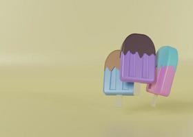 ice cream sticks with various flavors, chocolate, vanilla, grape, strawberry, peanut, 3d render, background for summer theme photo