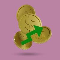 dollar symbol coin with up arrow, american currency exchange rate concept is on the rise, 3D rendering photo