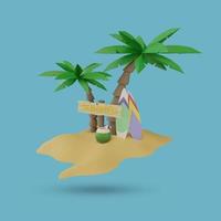 summer signboard with palm trees, surfboards and young coconuts, 3d render photo