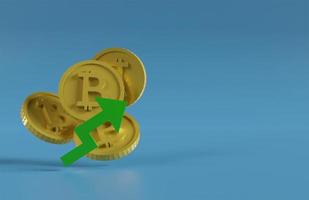 bitcoin coin with up arrow, bitcoin price concept is going up, 3d render photo