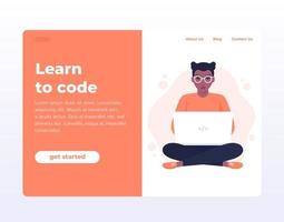 Learn to code web page, banner with coding girl, software developer vector