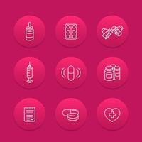 medicine, drugs, pills line icons, pharmaceutics, supplements, pharmaceuticals, medication, vaccination vector