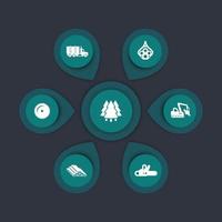 Logging industry icons, timber, logging truck, tree harvester, wood, lumber, logging equipment, timber infographic elements, icons, vector illustration