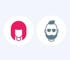 iconos aislados de avatares, niña y hombre barbudo, iconos de inicio de sesión redondos, ilustración vectorial vector