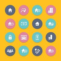 Real estate icons, house sale, apartments, search, houses for rent, real estate pictograms, round flat icons, vector illustration