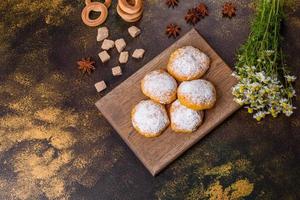 Homemade corn cookies on concrete table - healthy homemade vegan vegetarian pastry photo