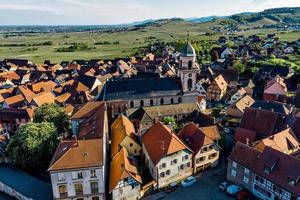 Alsatian village St-Hippolyte. Top aerial view at sunset. photo