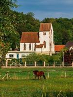 A horse on a green meadow against the  village church. photo