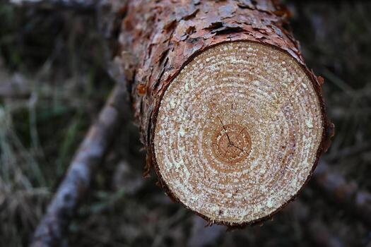 Cross section of a tree trunk showing growth rings lying on ground in the forest photo